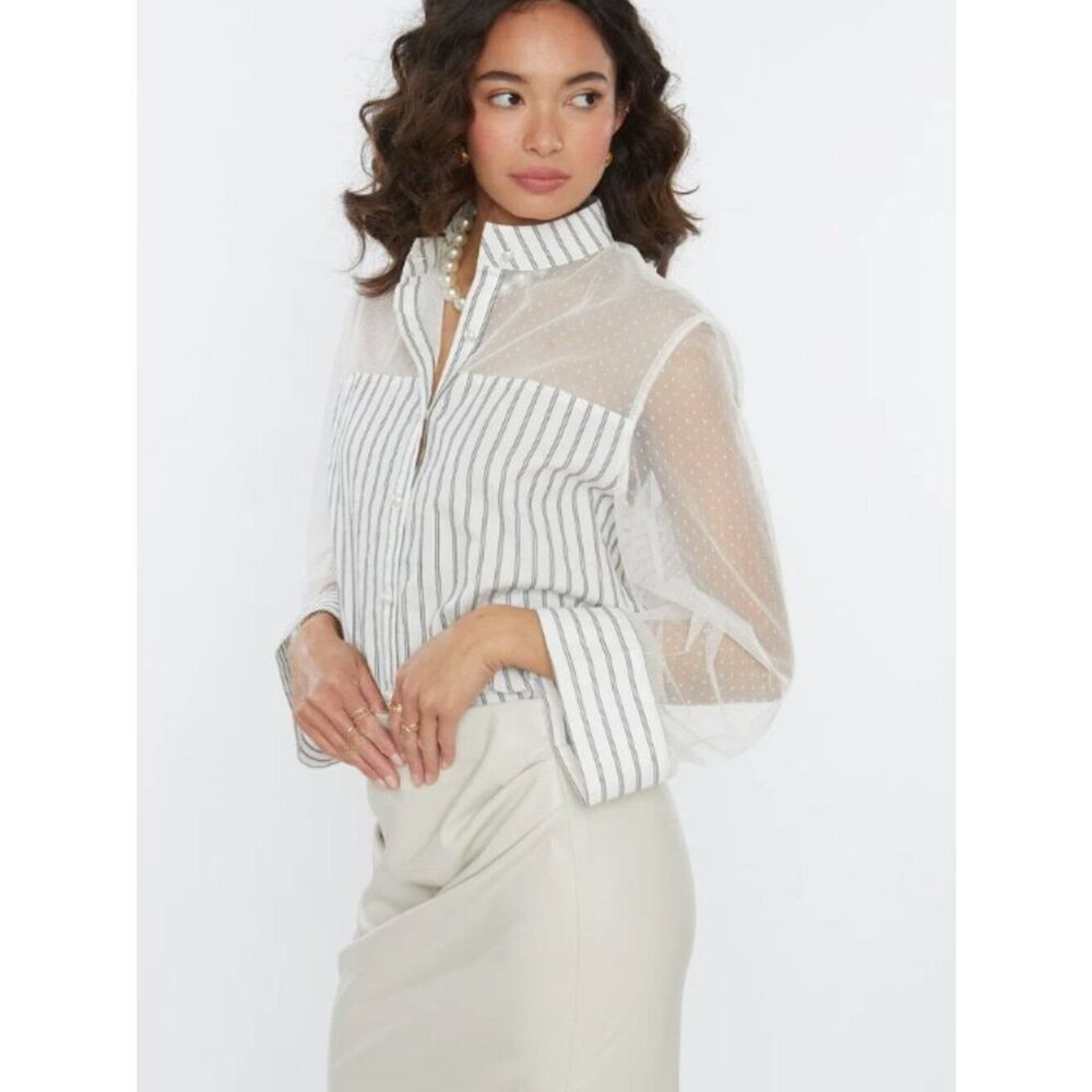 FRENCHMAUVE Womens Vivian Striped Sheer Sleeve Button Down Shirt White 1X